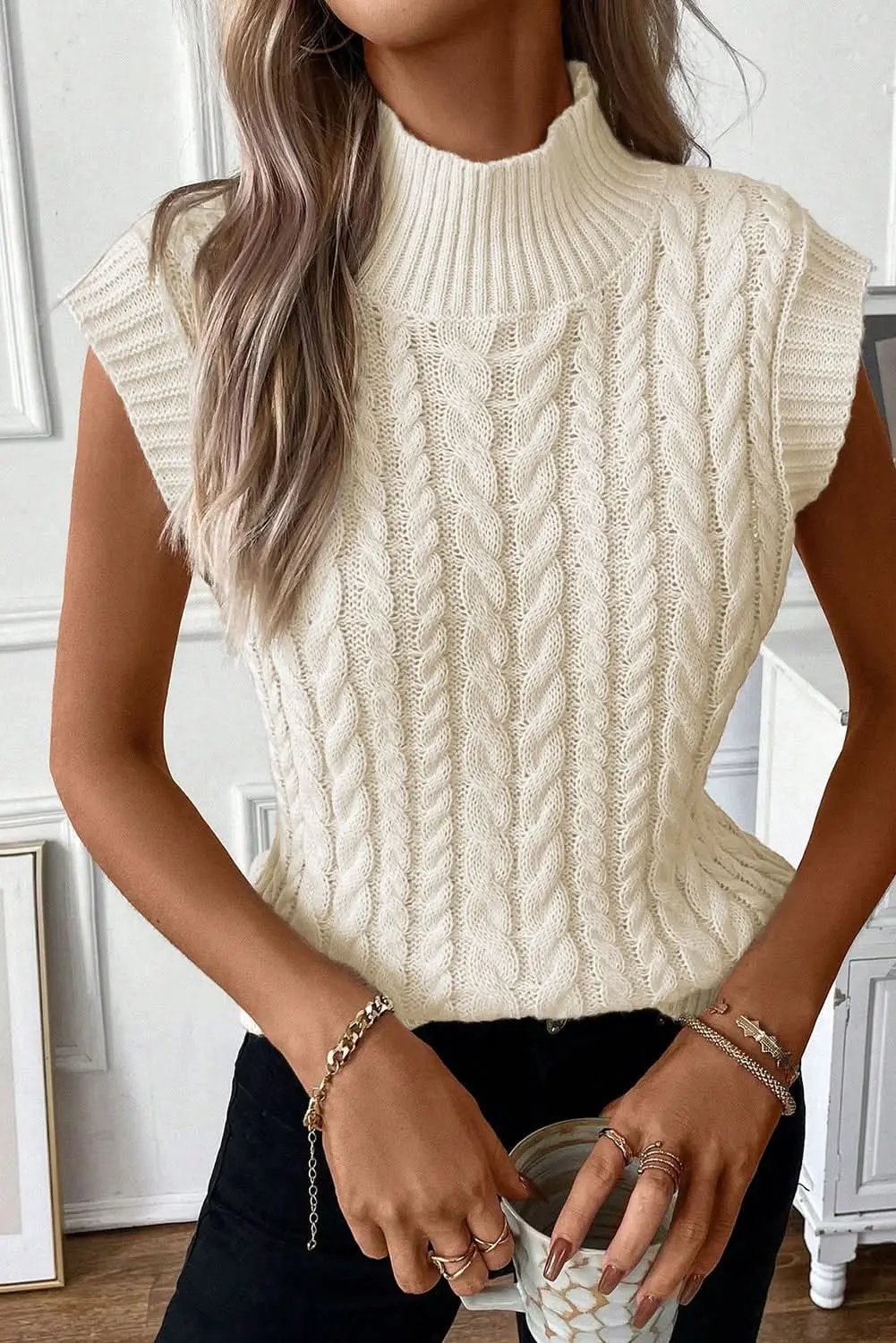 Oatmeal Cable Knit High Neck Sweater Vest - Love Salve